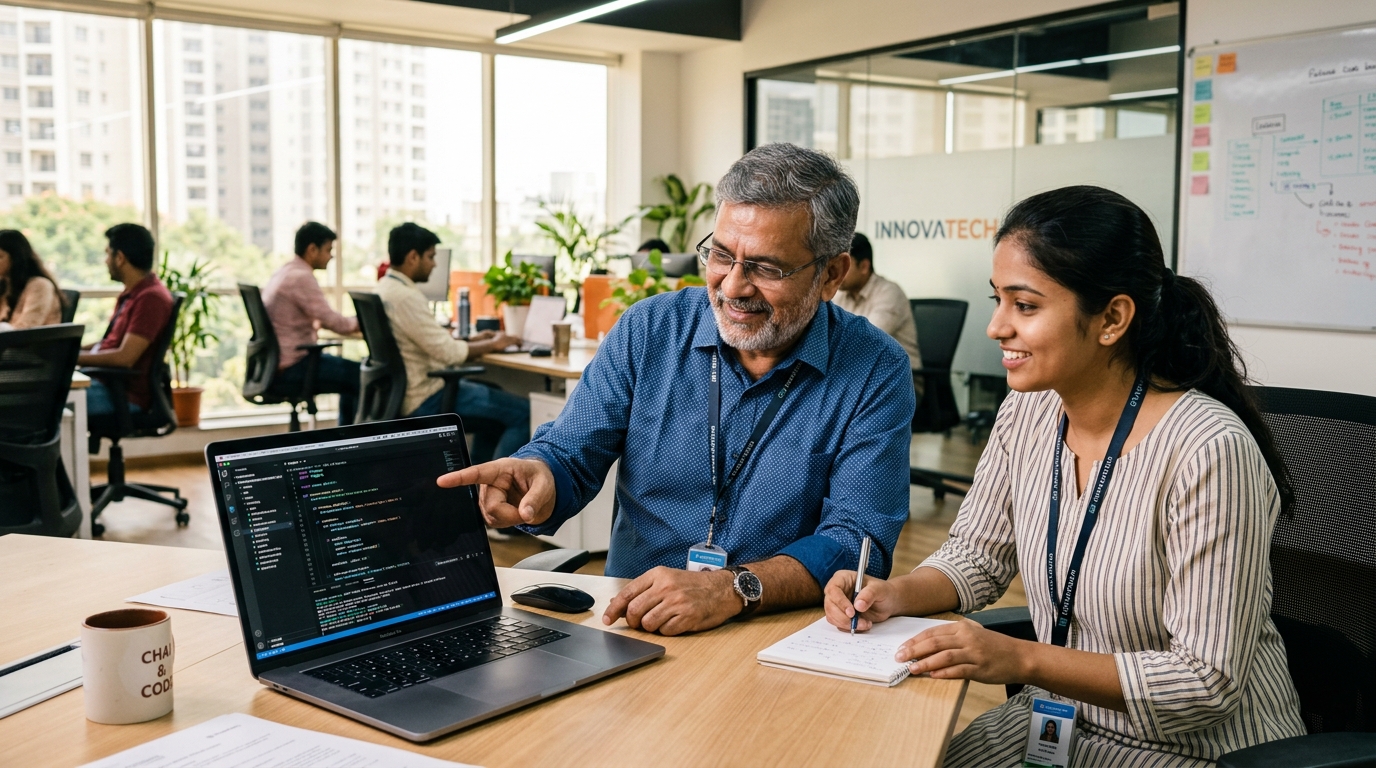 Senior mentor guiding student developer