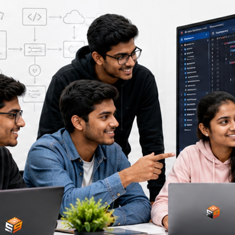 Indian student developers coding on real software project with mentor